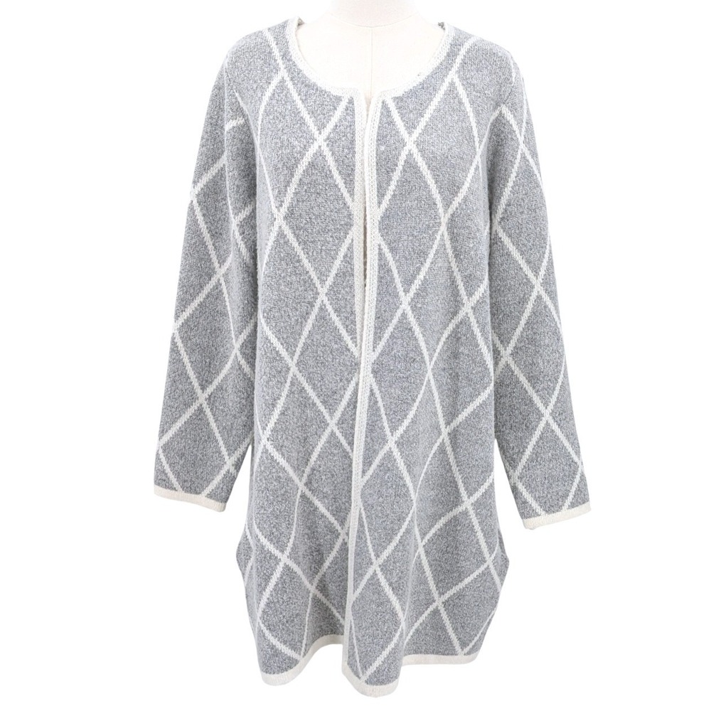 Soft Neutral Argyle Open Front‎ Longline Cardigan Sweater Women's 1X
